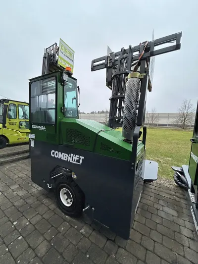 Green Combilift forklift outdoors, rear view
