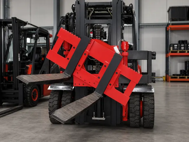 Forklift fitted with a red fork rotator attachment