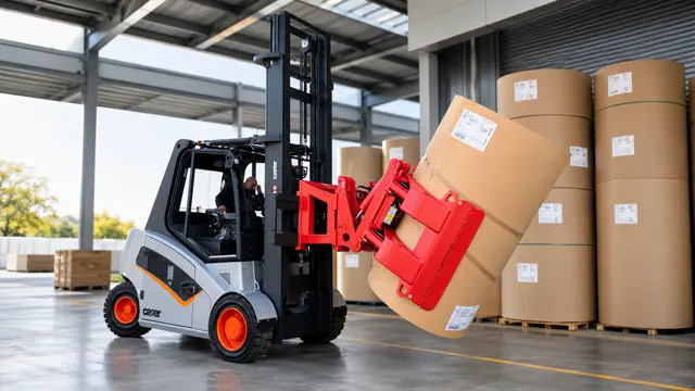 Forklift with a paper roll clamp lifting paper rolls