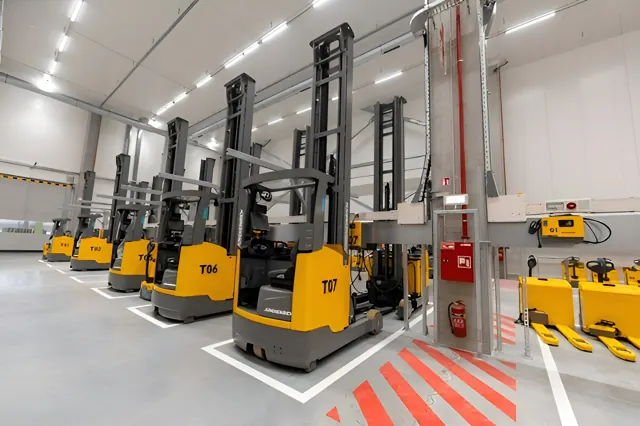 Line of reach trucks in a new warehouse