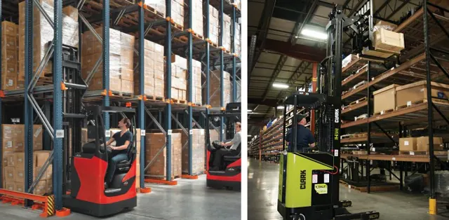Reach trucks working in pallet racking aisles