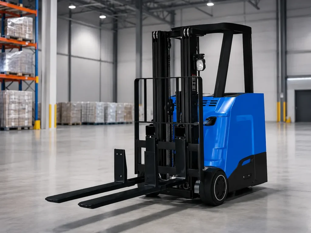 Reach truck fitted with double-deep telescopic forks